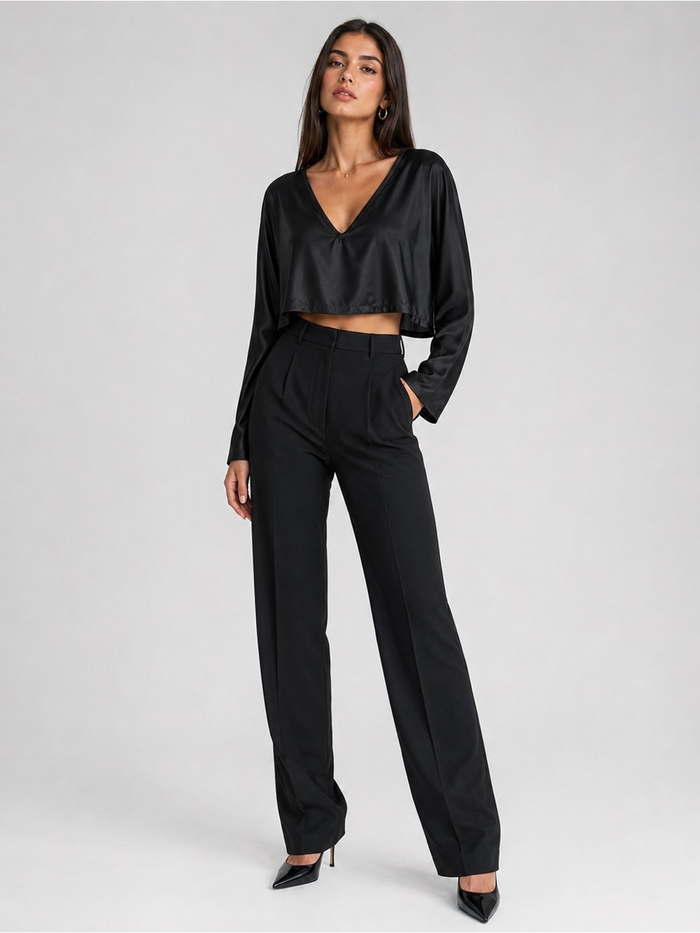 Nonchalant Label Emilia Black Satin Crop Top Bell Sleeve Made in USA Size L